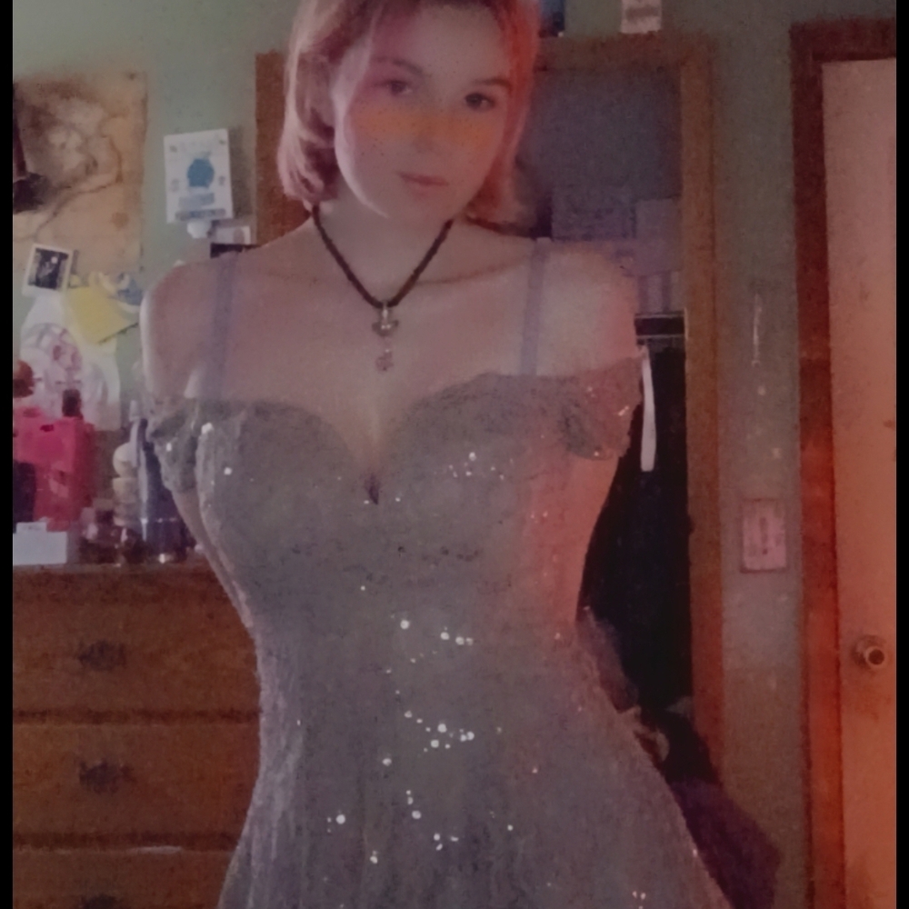 Not Rated Sparkling Off-Shoulder Lace Prom Dress in Silver